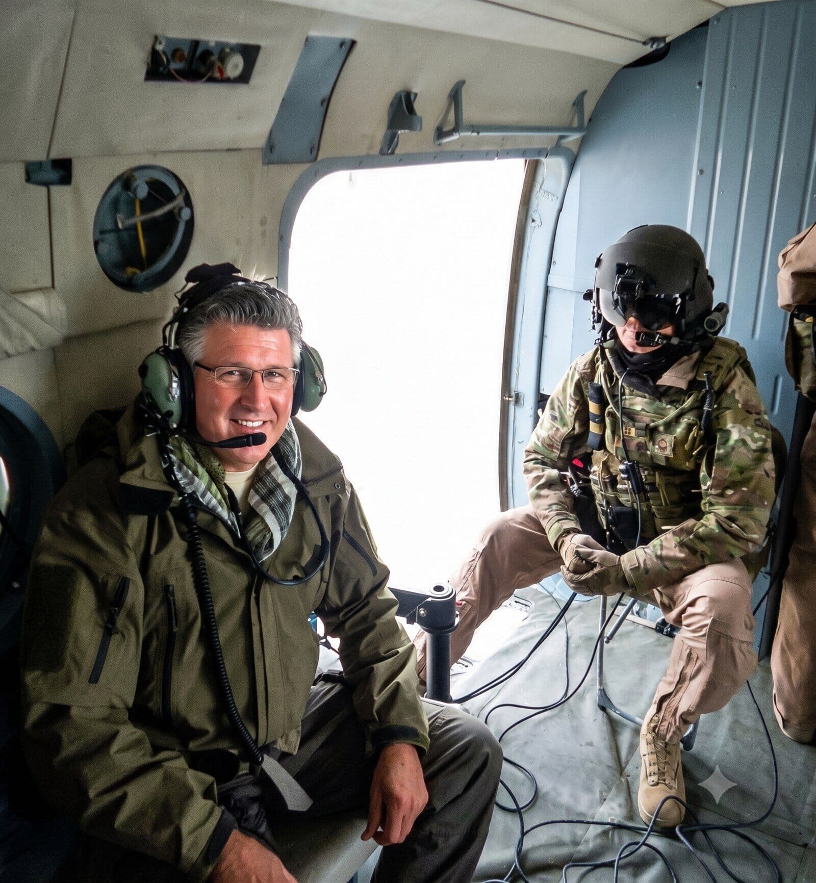 Kevin Popke in an army helicopter